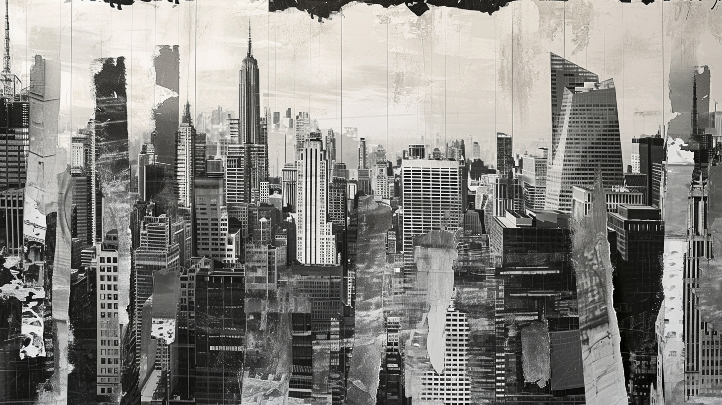 Black and white 3D collage of New York buildings