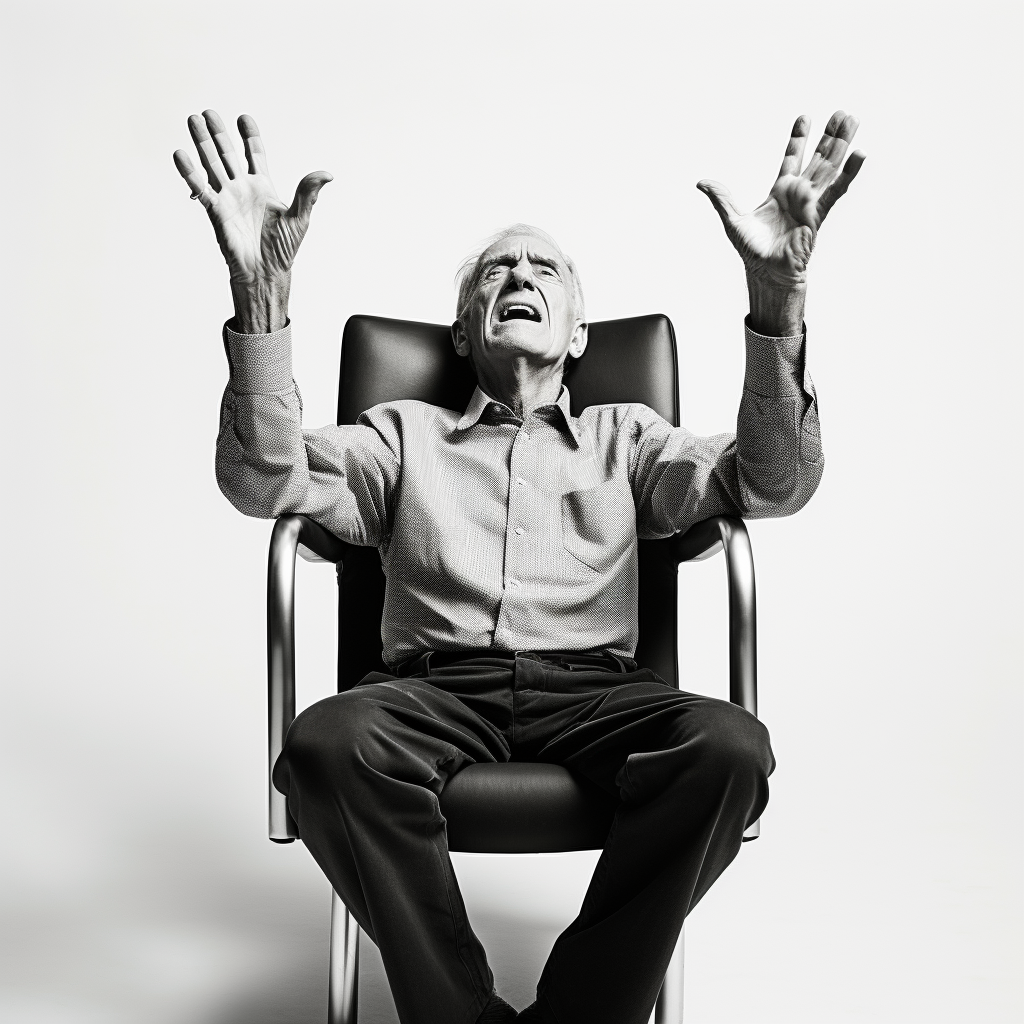 60 year old man sitting with hands raised