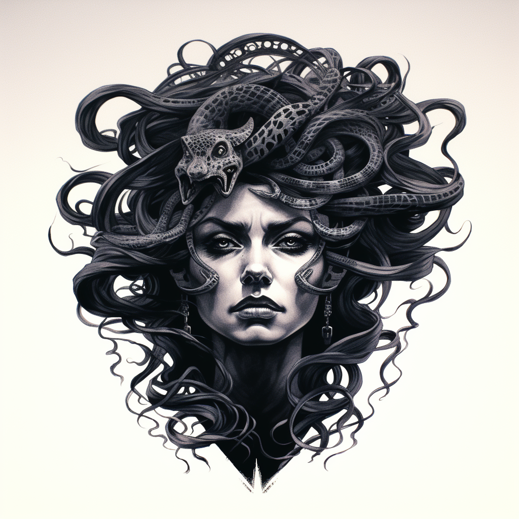 Medusa head drawing in black and white