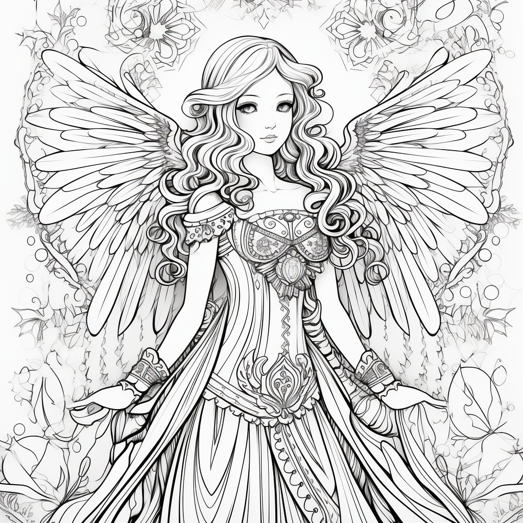 Black and white angel coloring book with wings and auras