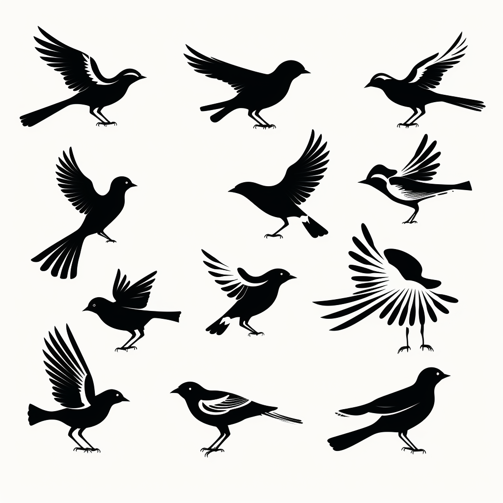 Silhouettes of black and white birds