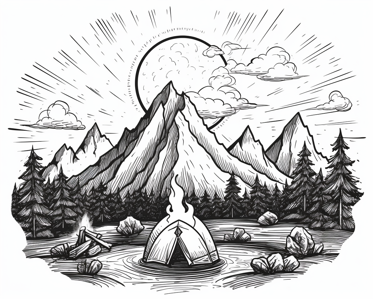 Simple line art of black and white campfire in mountain scenery