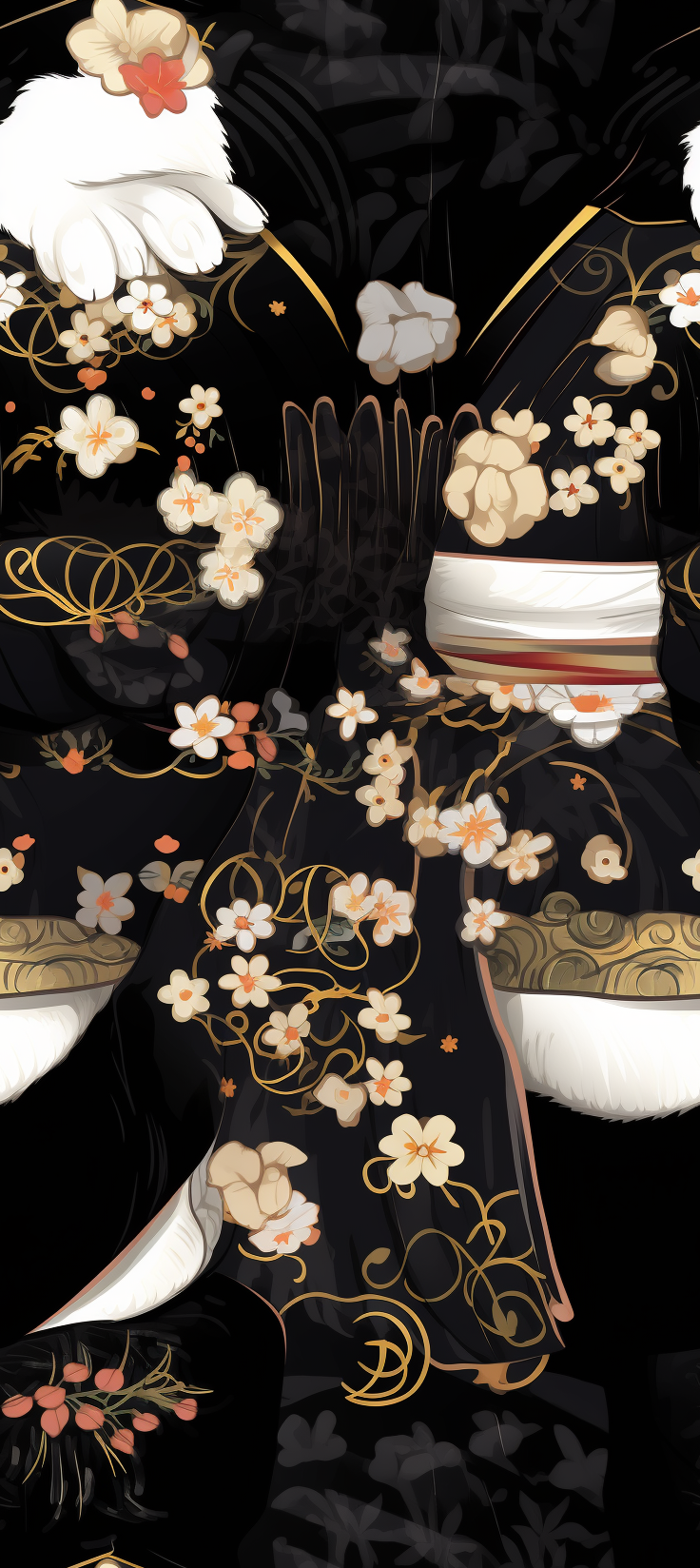 Black and White Cat Wearing Kimono in Gustav Klimt Style