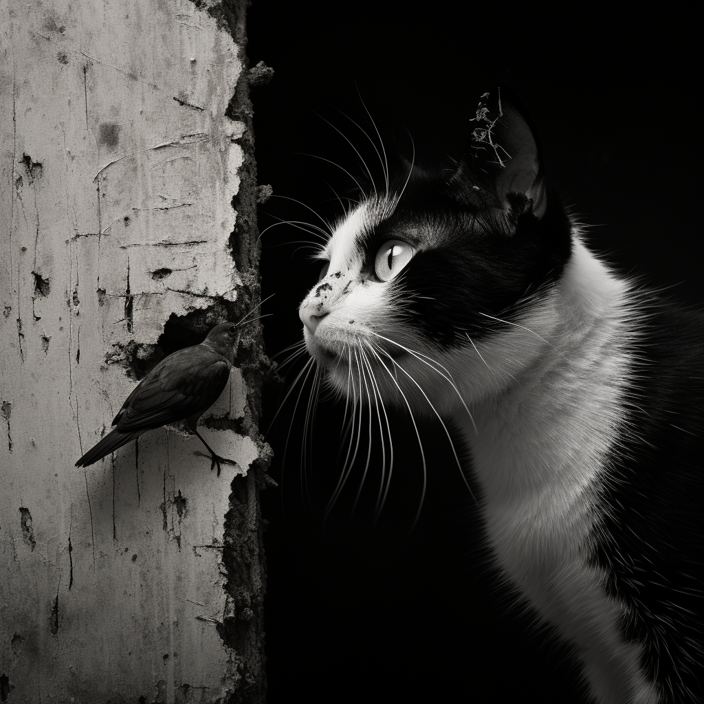 Black and white cave painting of cat eating bird