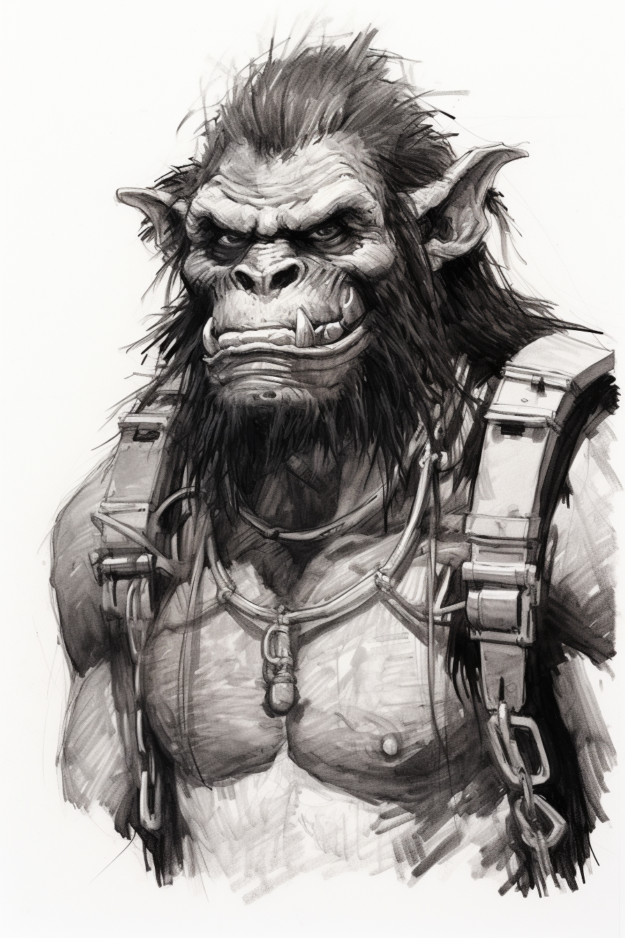 Sketch of tall hulking furry alien space pirate