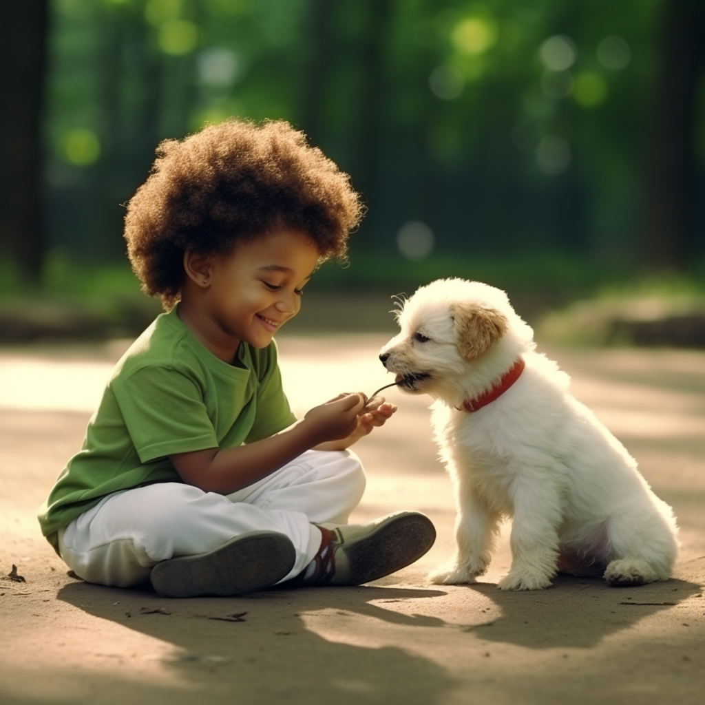 Black and white child playing with puppy