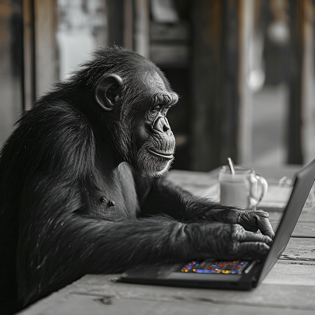 Chimpanzee at Desk with Mac Laptop