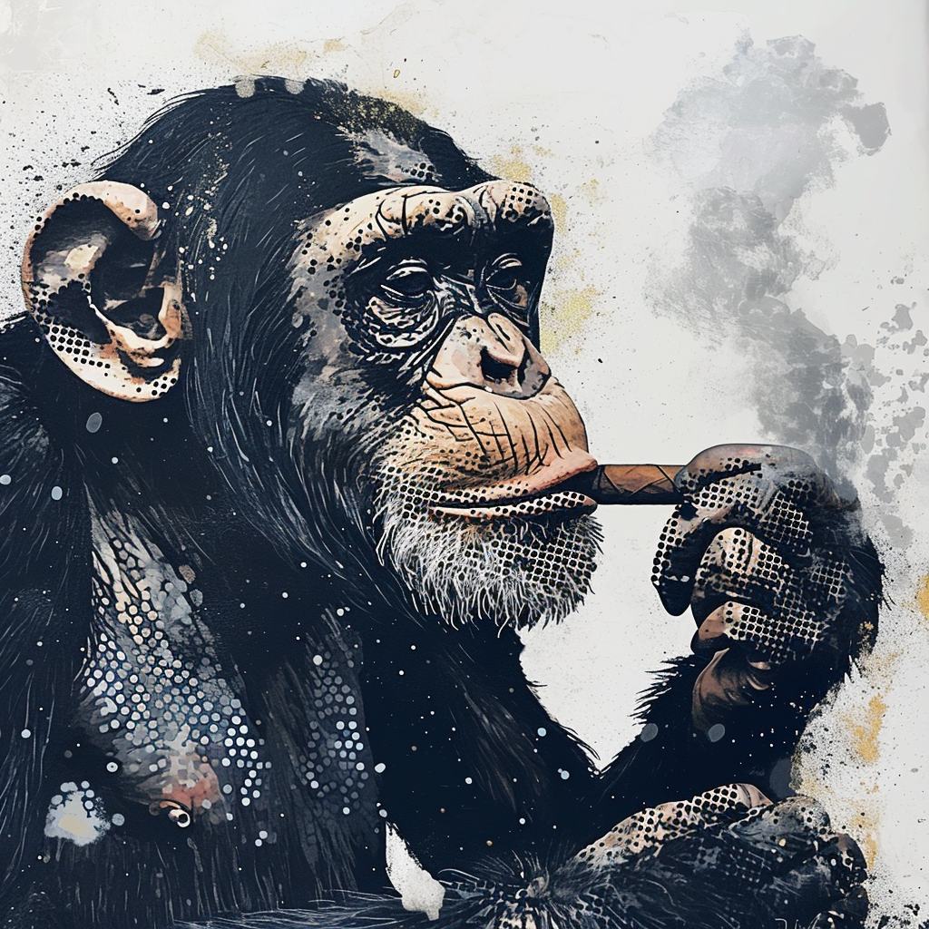 Black and white chimpanzee smoking cigar art