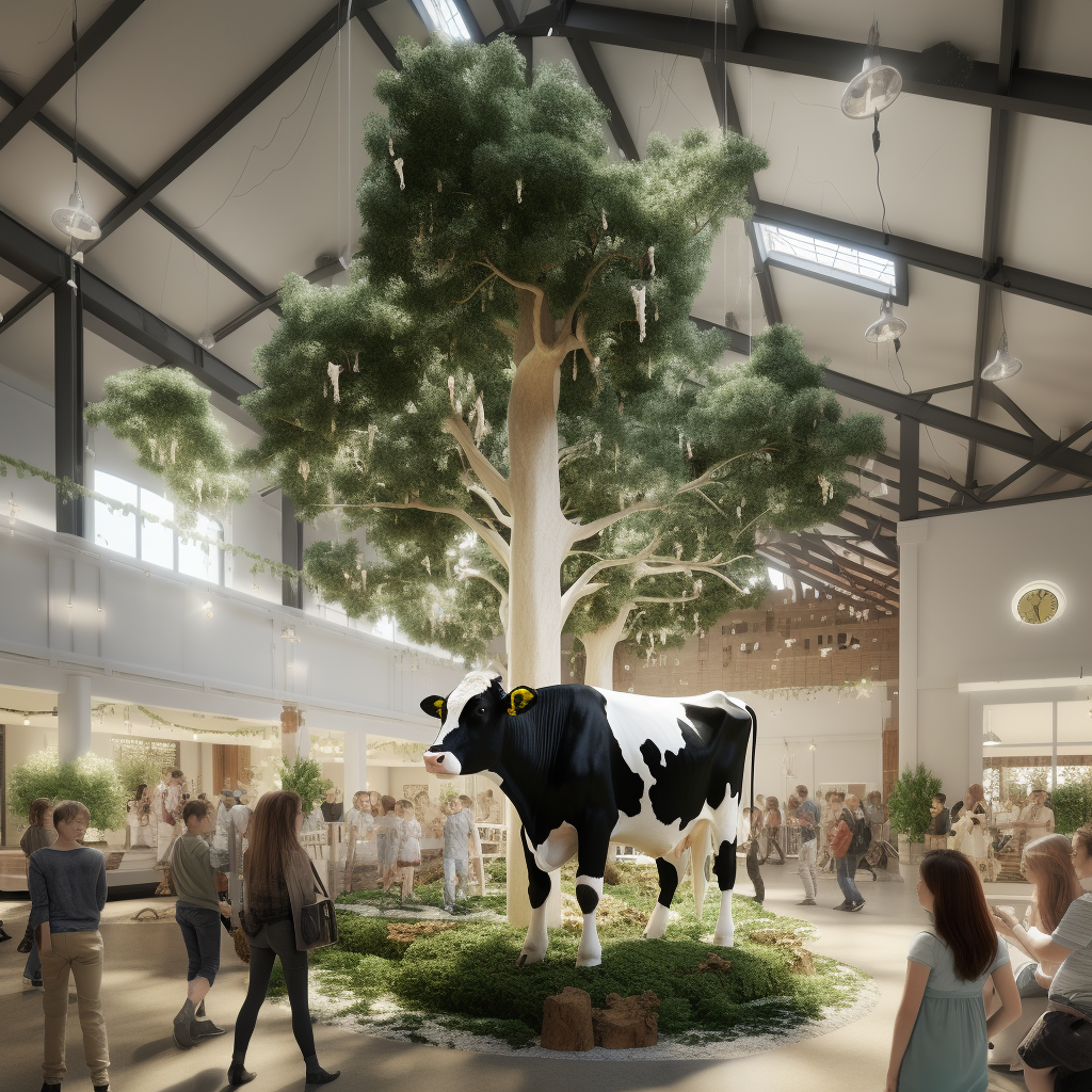 Large black and white dairy cow under a tree