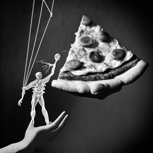 Black and white hand holding pizza with marionette strings