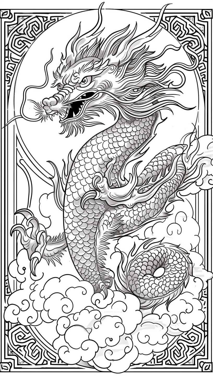 Dragon coloring book illustration with Chinese border and flowers