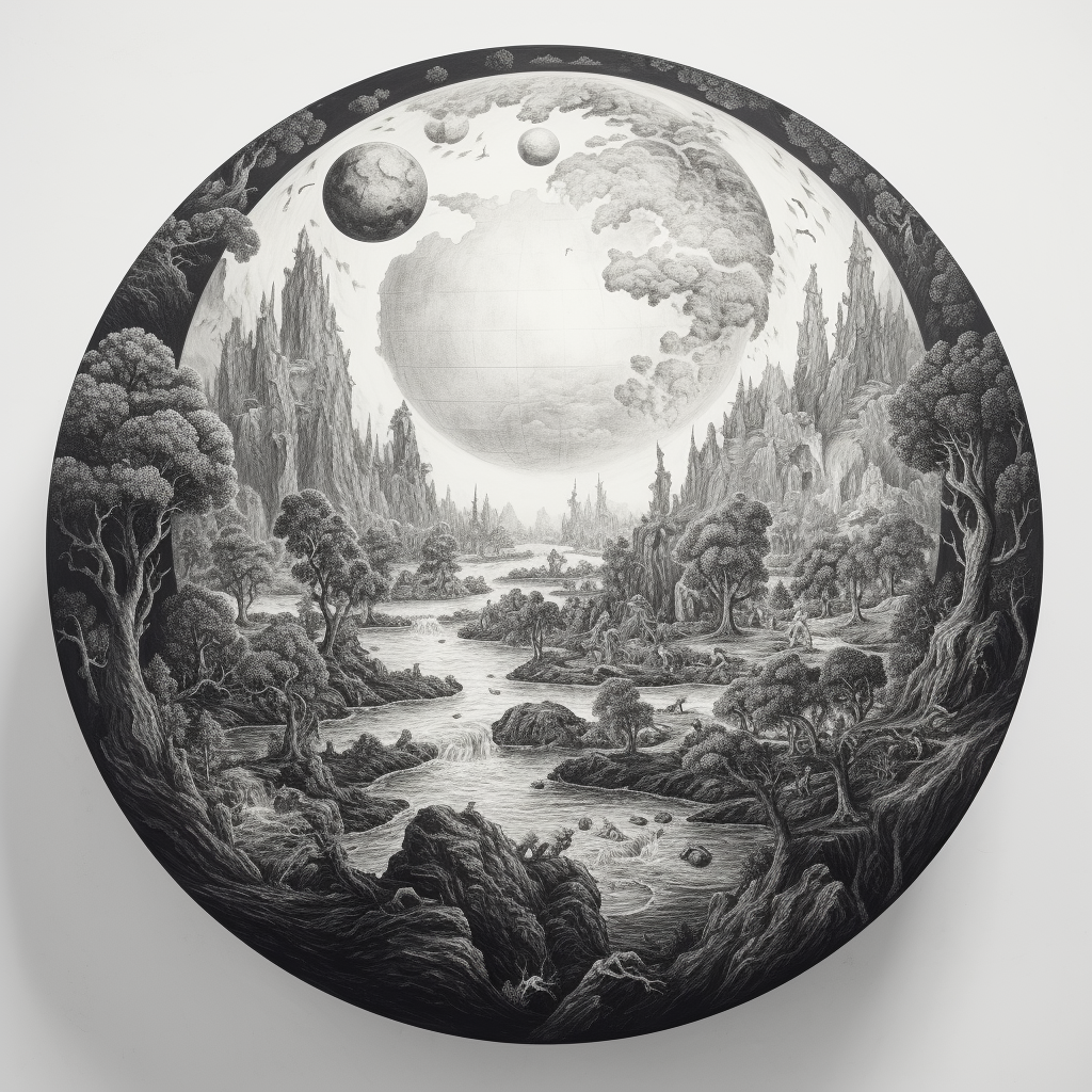 Black and white Earth drawing in Jan Brueghel style