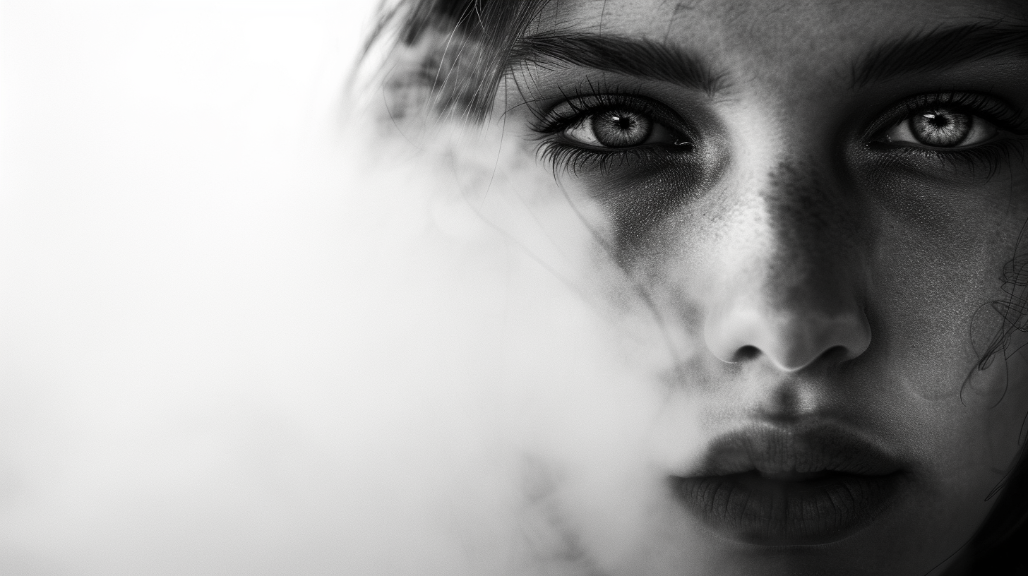 Female face through fog