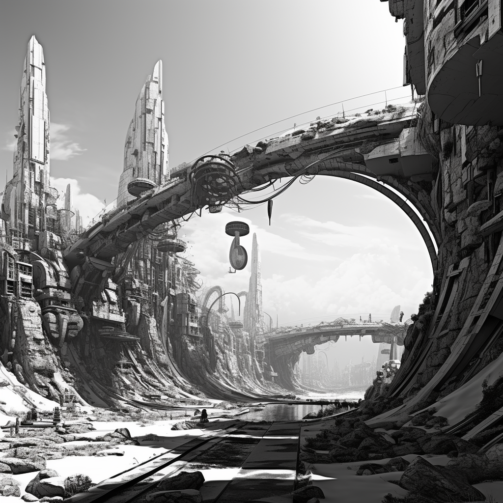 Black and White Futuristic Building Ruins