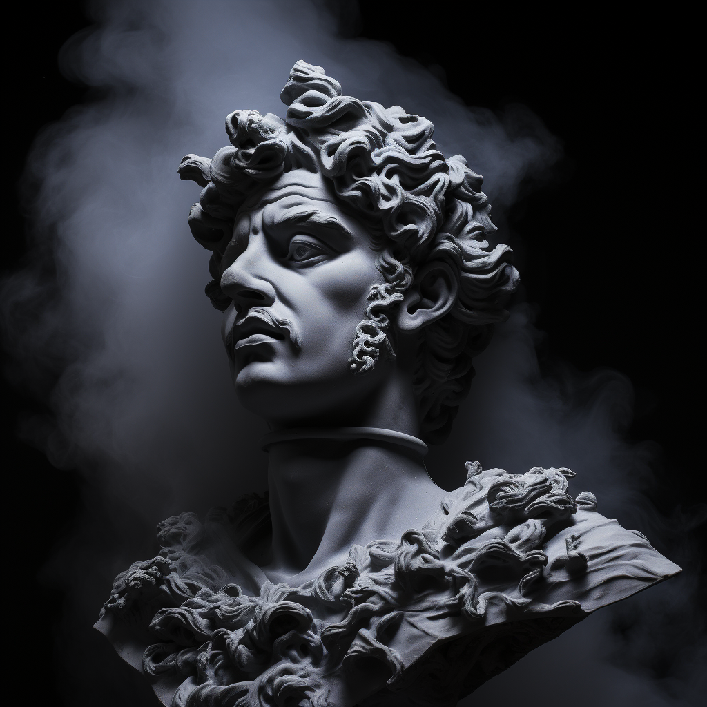 Neon Greek sculpture in smoke