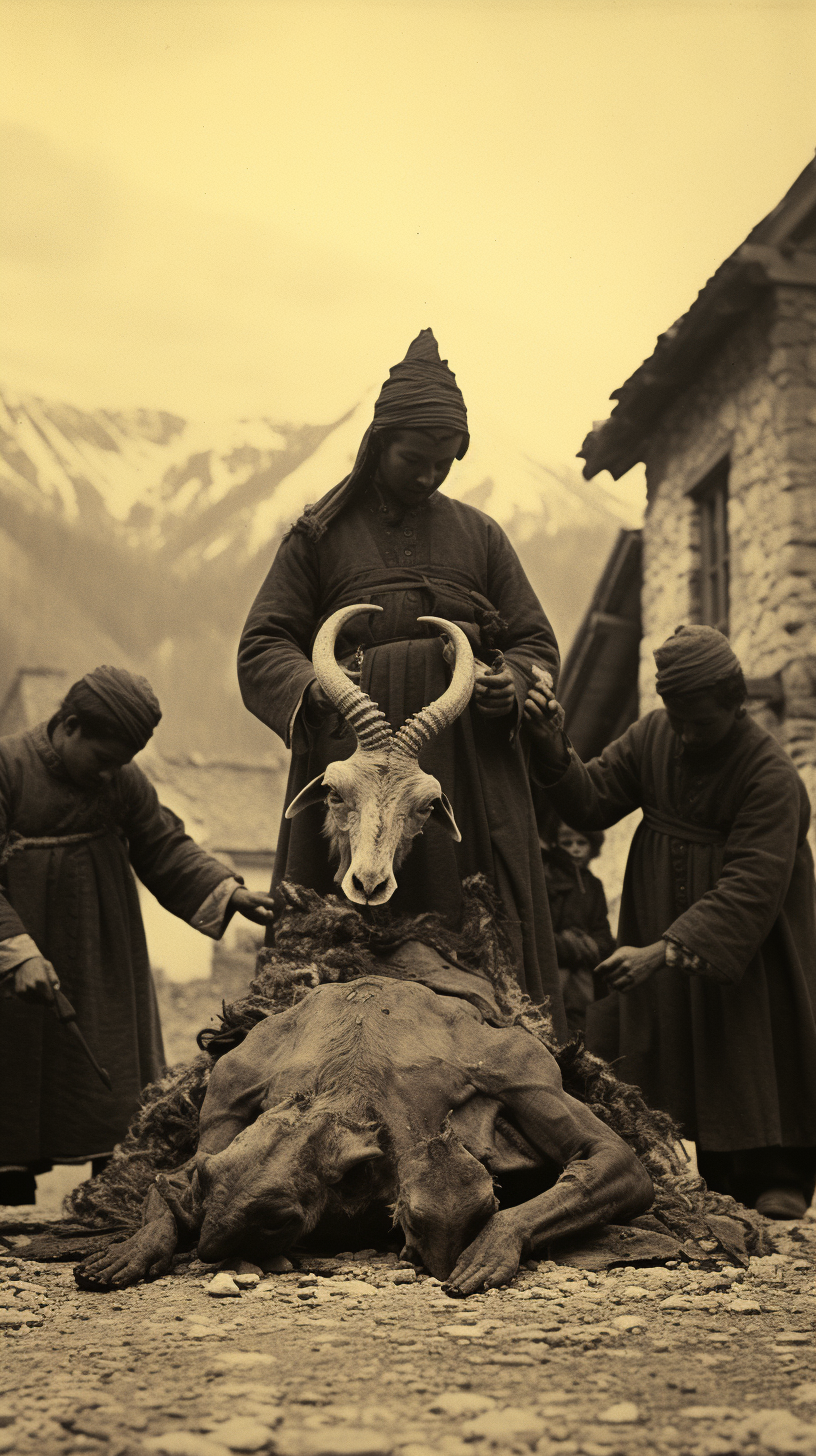 group of people in cloaks preparing a goat