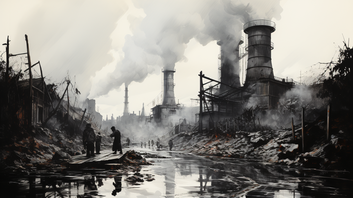 Black and white ink drawing of an industrial wasteland