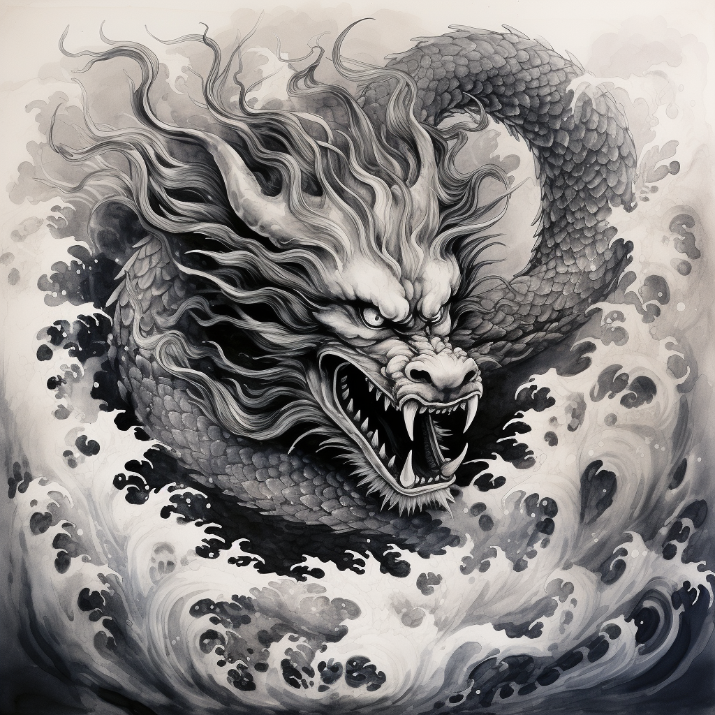 Majestic Chinese Dragon in Black & White