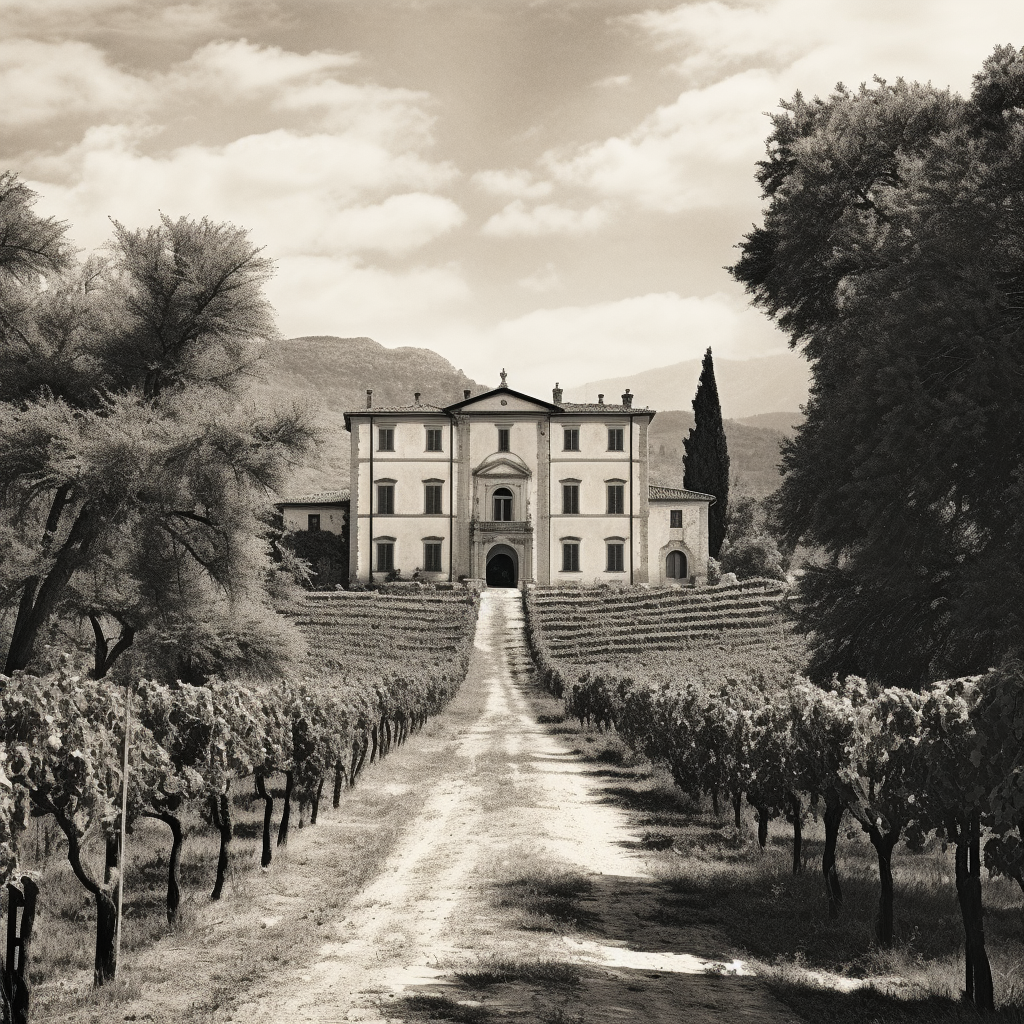 Italian Estate with Vineyard in Black and White