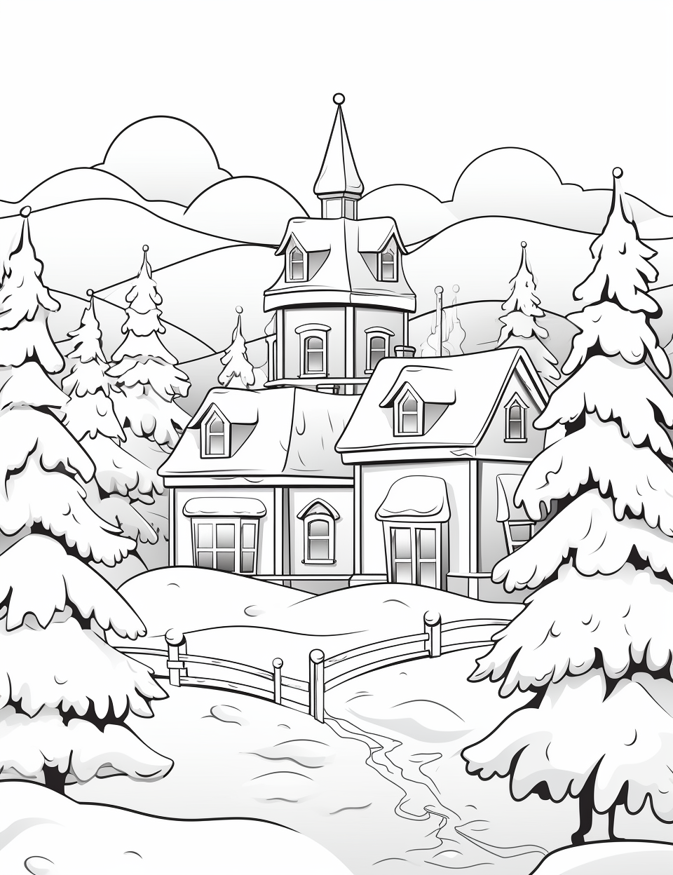 Cartoonish black and white Christmas scene