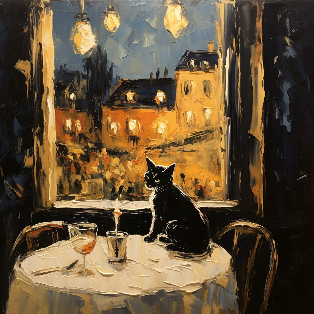 Cute kitty enjoying spaghetti at Italian restaurant