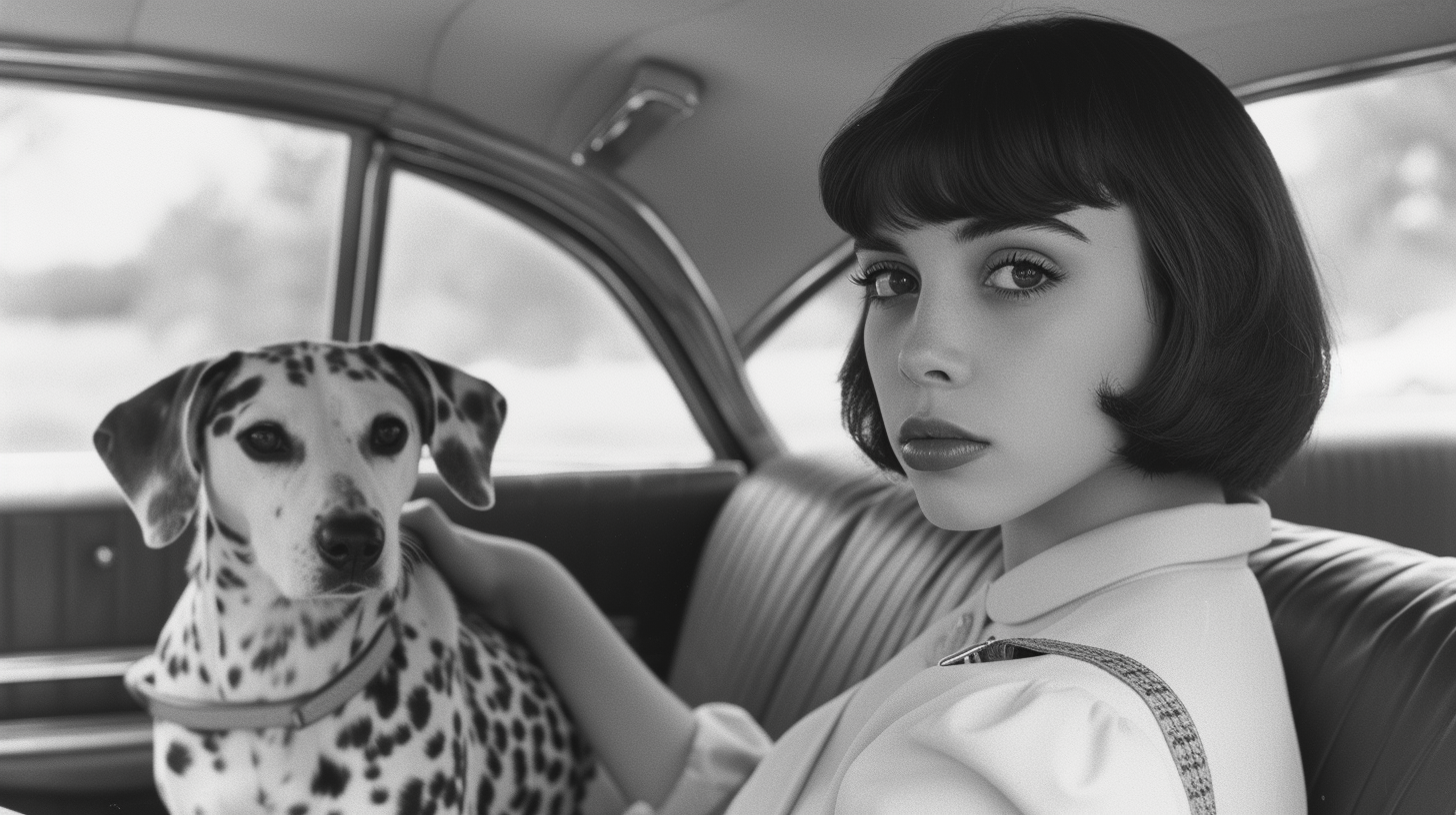 Black and white photo of girl in Chrysler