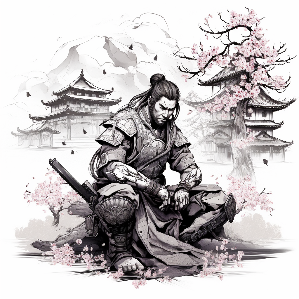 Black and white tattoo design with samurai and cherry blossom