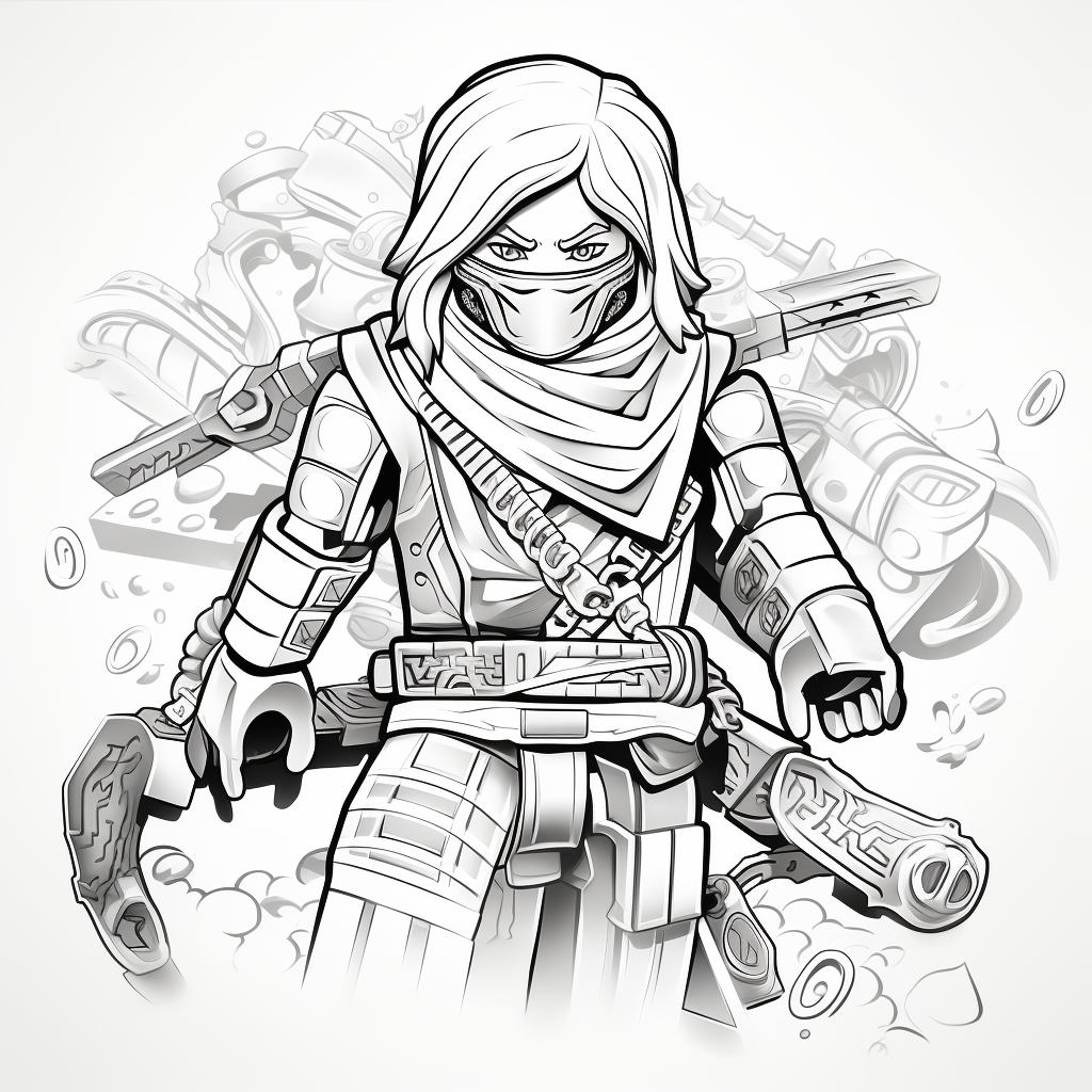 Black white line drawing adult coloring book Lego Ninjago character