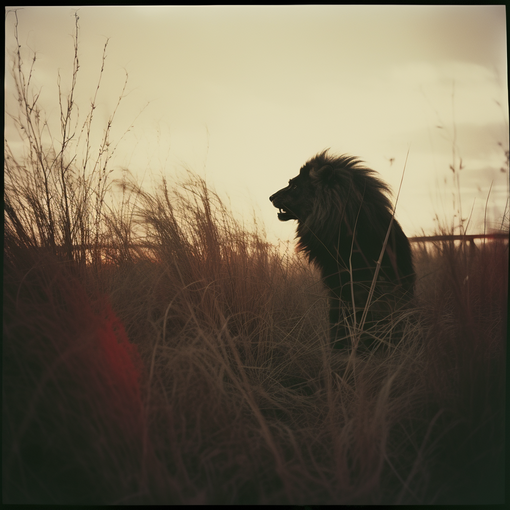 Beautiful lion gazing at red sun