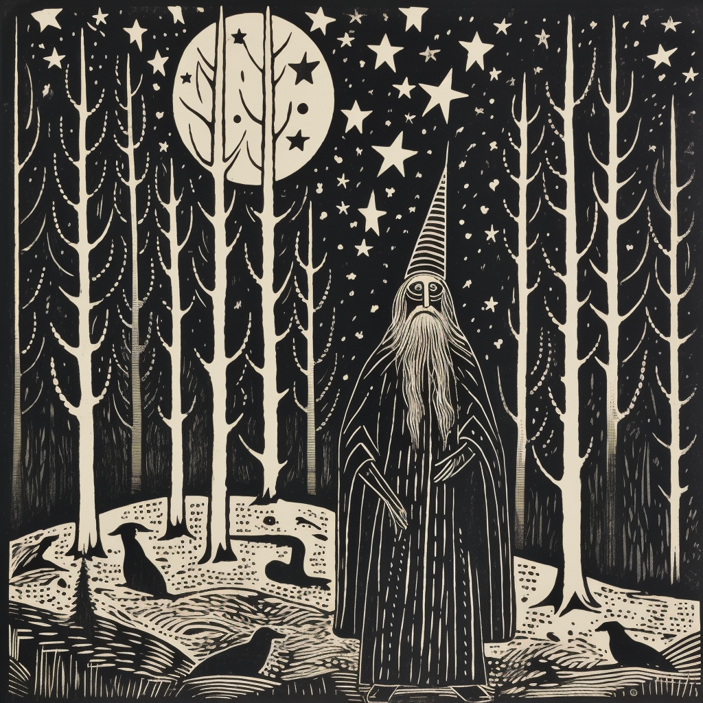 Black and white lubki Russian style wizard in forest