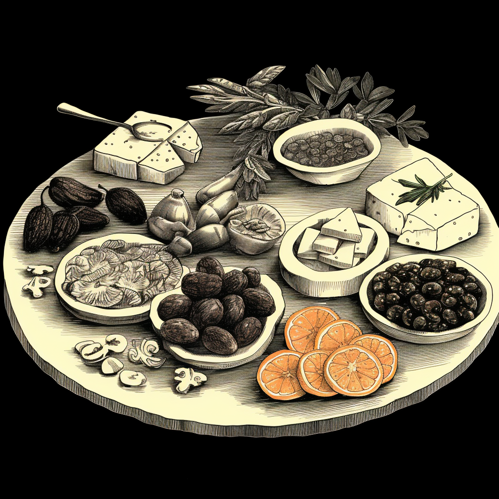 black and white mezze spread drawing