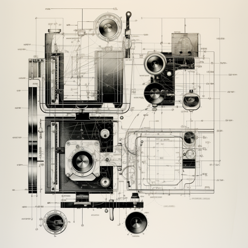 Black and white minimalist folding camera blueprint