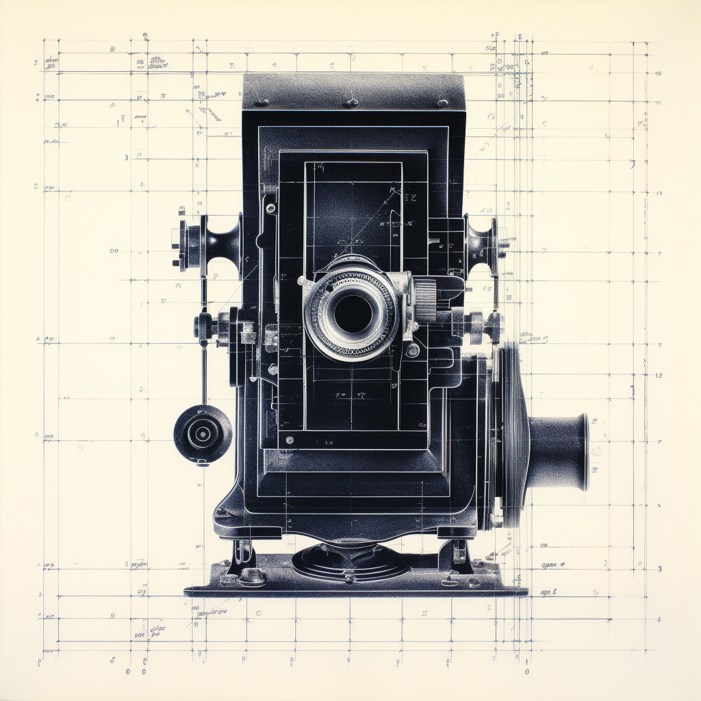 Black and white minimalist dry plate camera blueprint