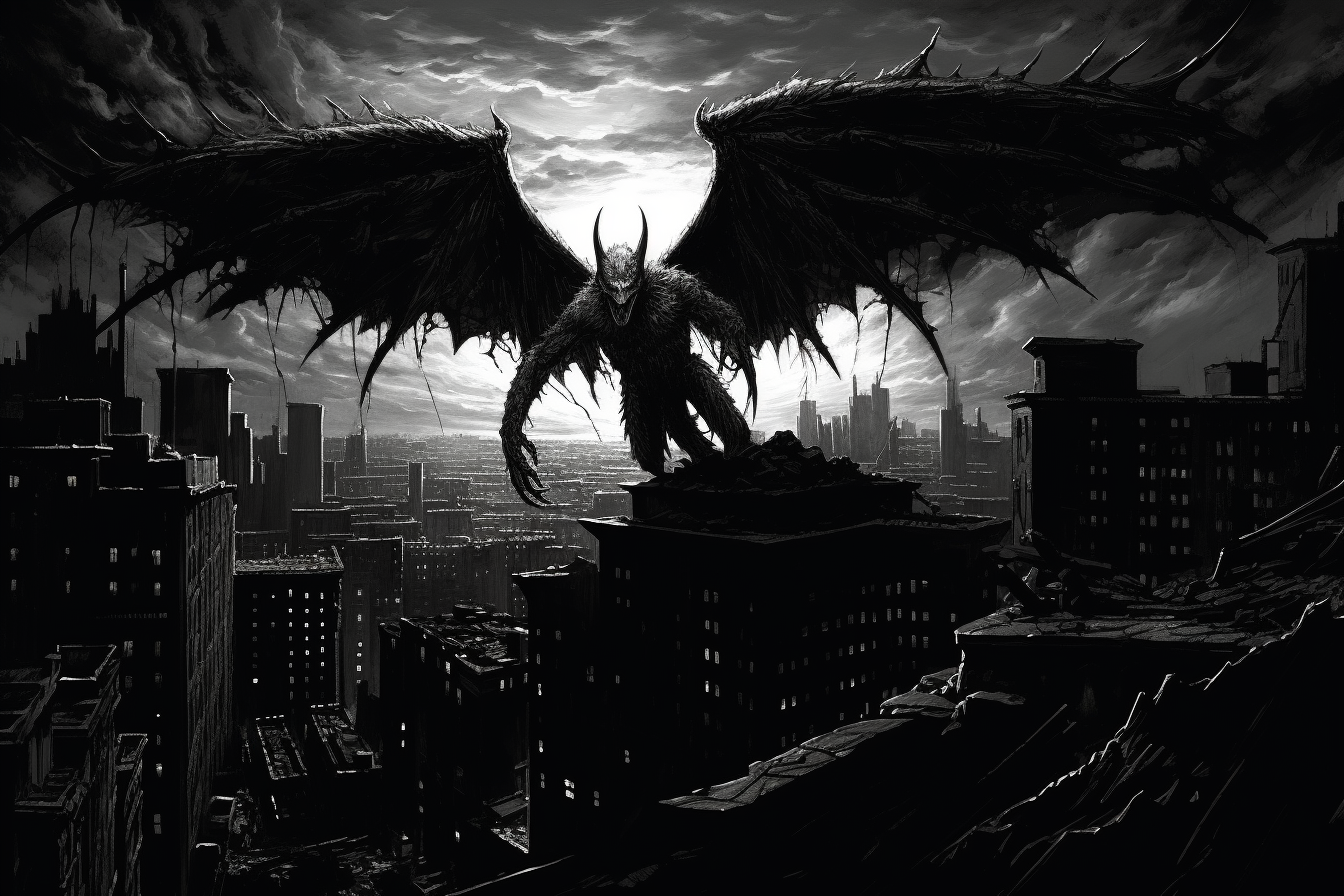 Winged demon overlooking modern cityscape