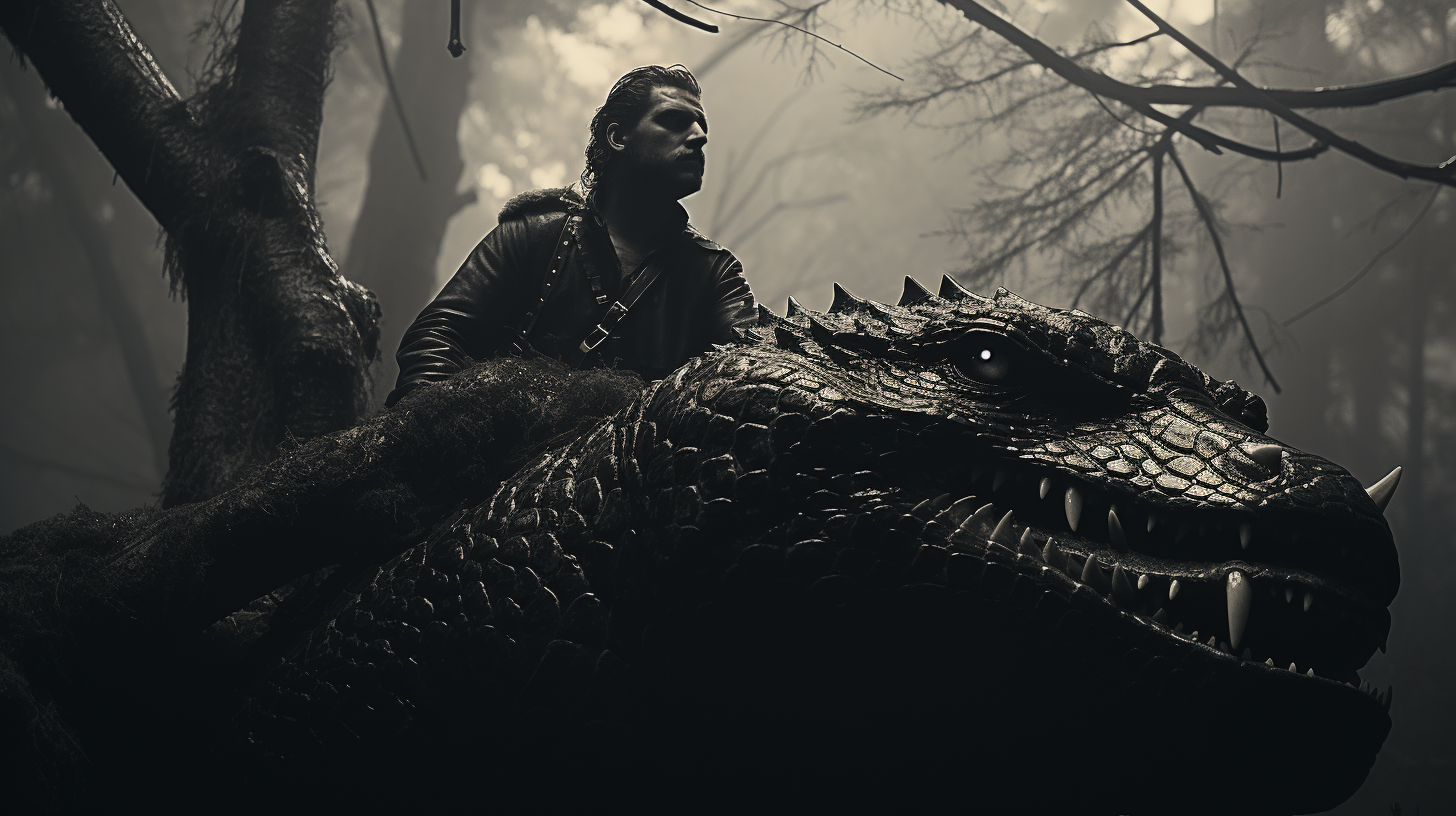 knight facing giant snake in black and white