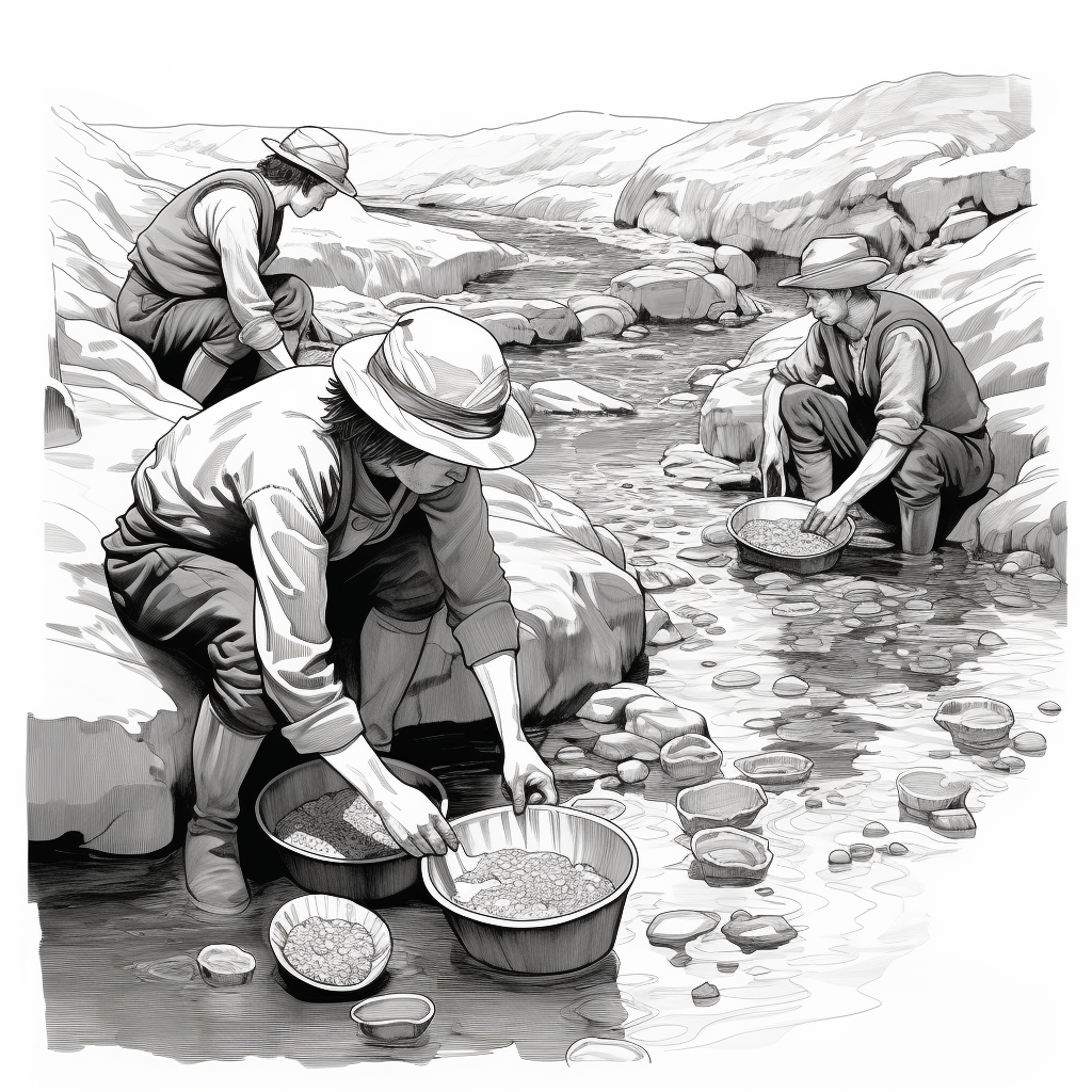 Illustration of panning for gold in black and white