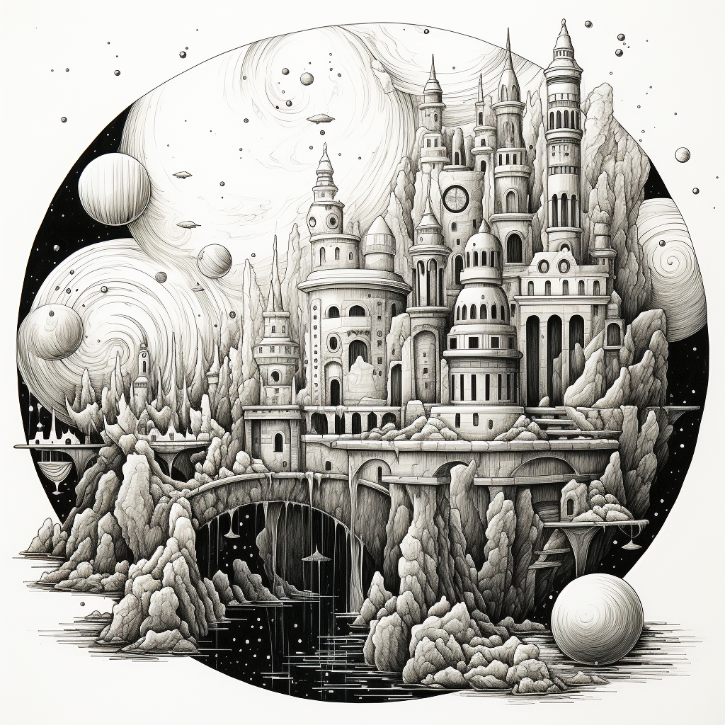 Beautiful black and white pen drawing of a castle and Saturn