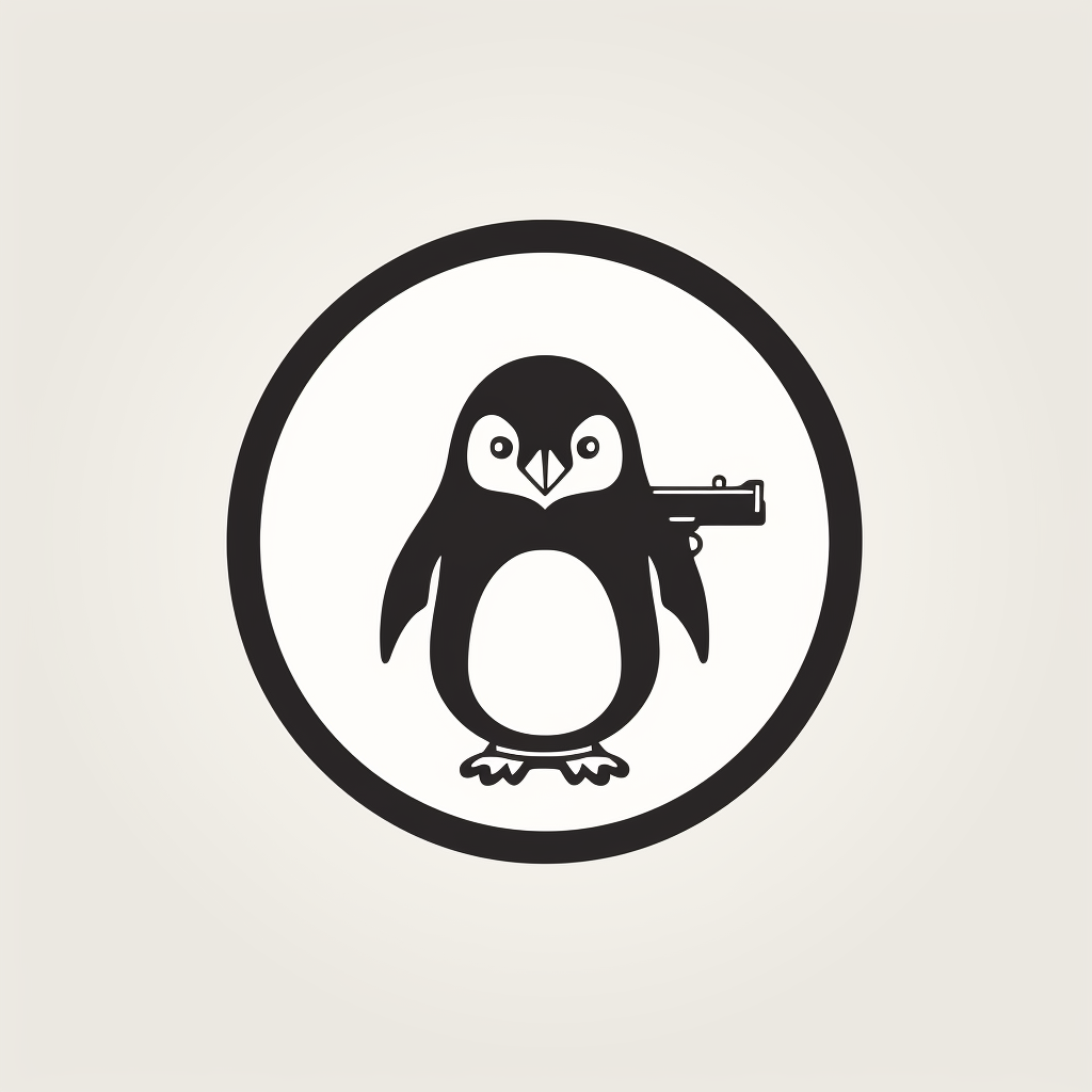 Black and white penguin logo with gun