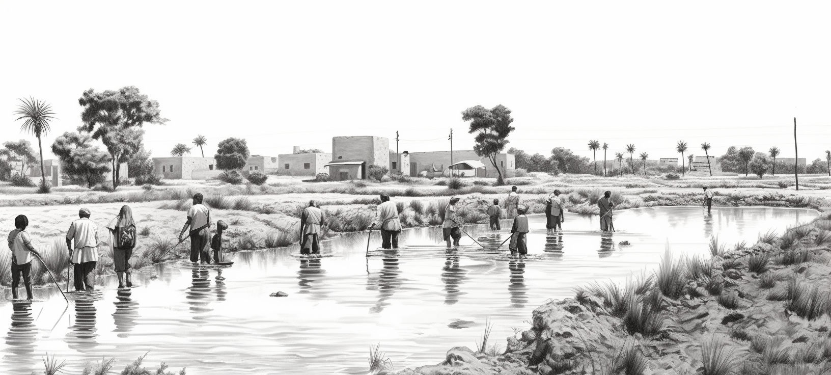 Artistic portrayal of people near an irrigation canal