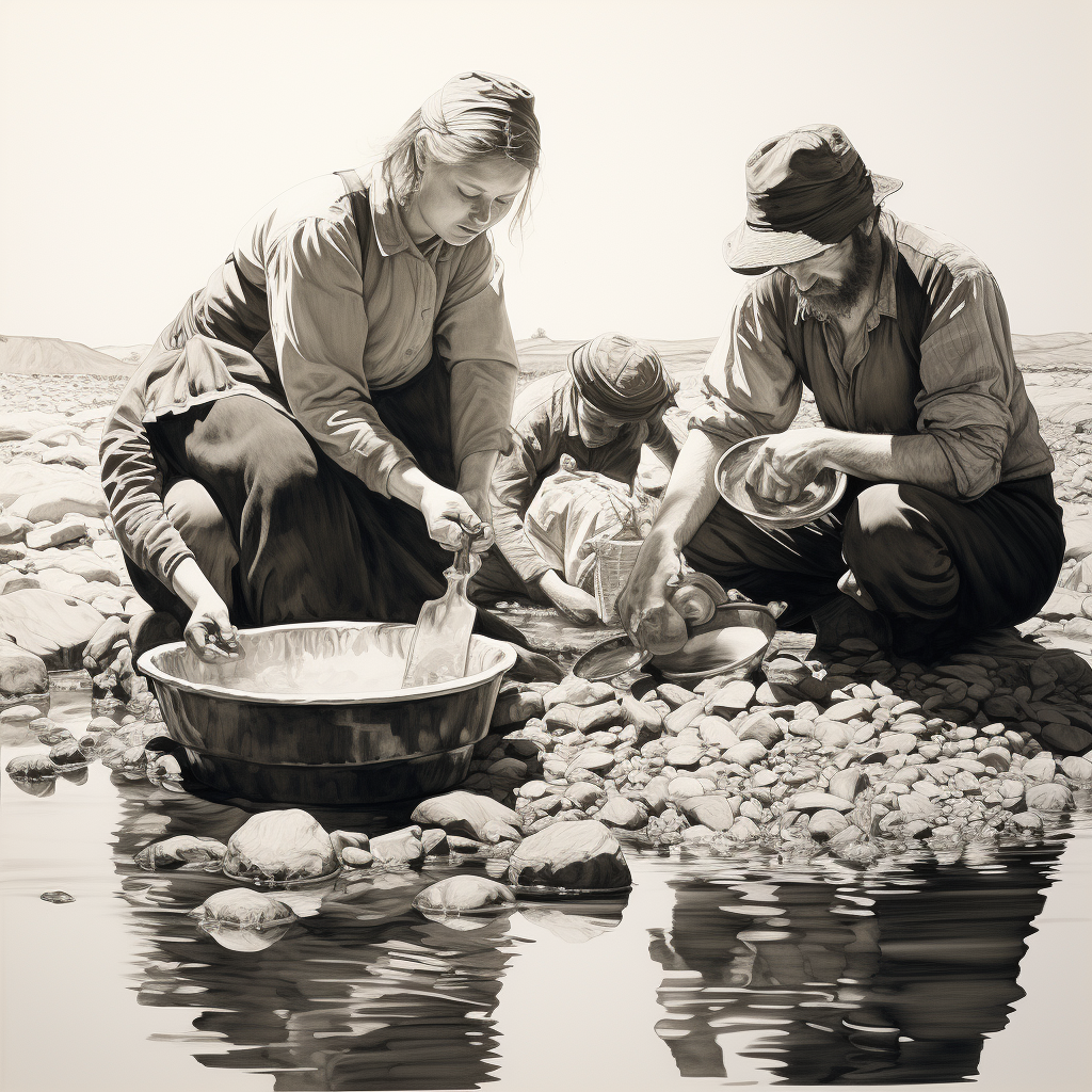 Black and White Drawing of People Gold Panning