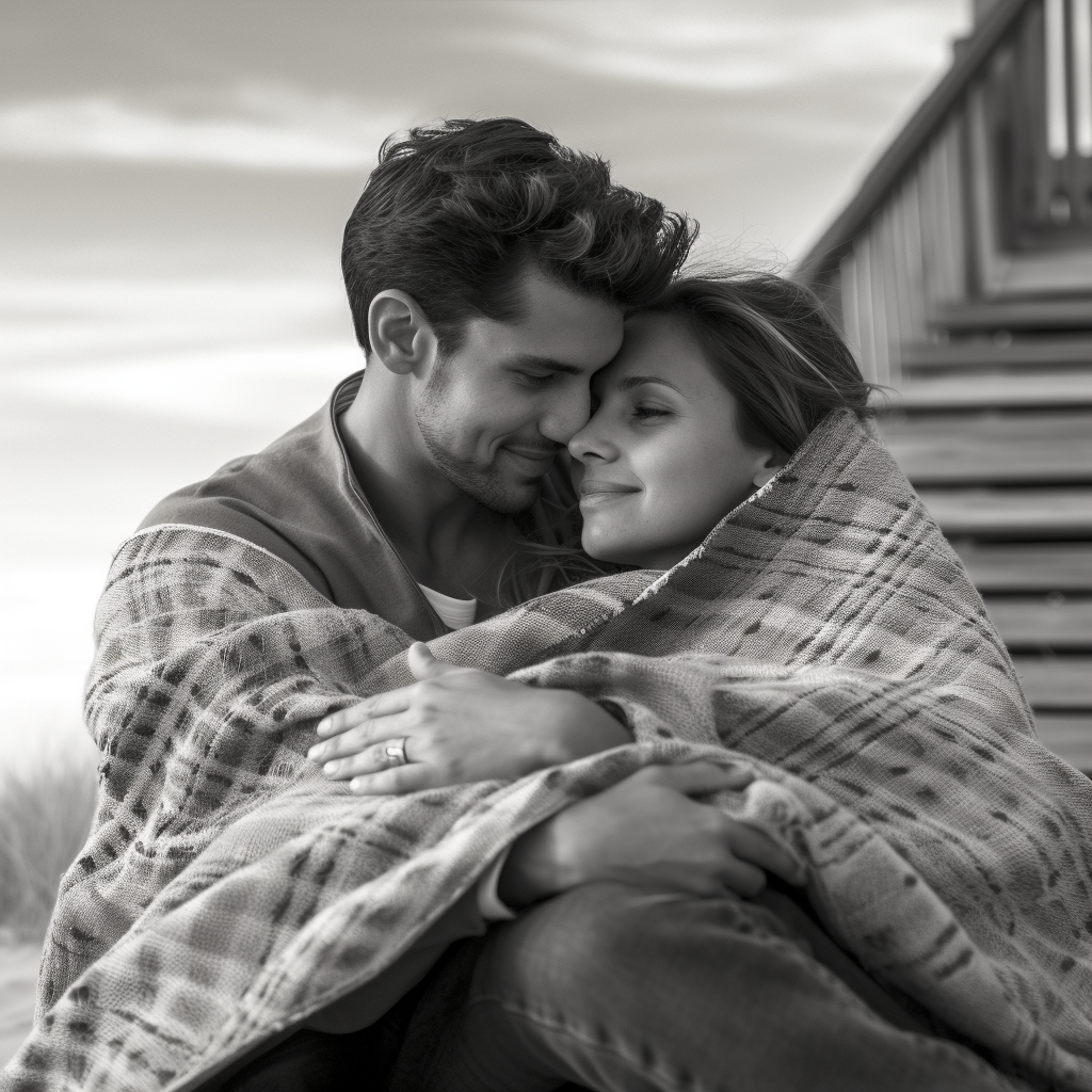 Happy young couple hugging under boardwalk