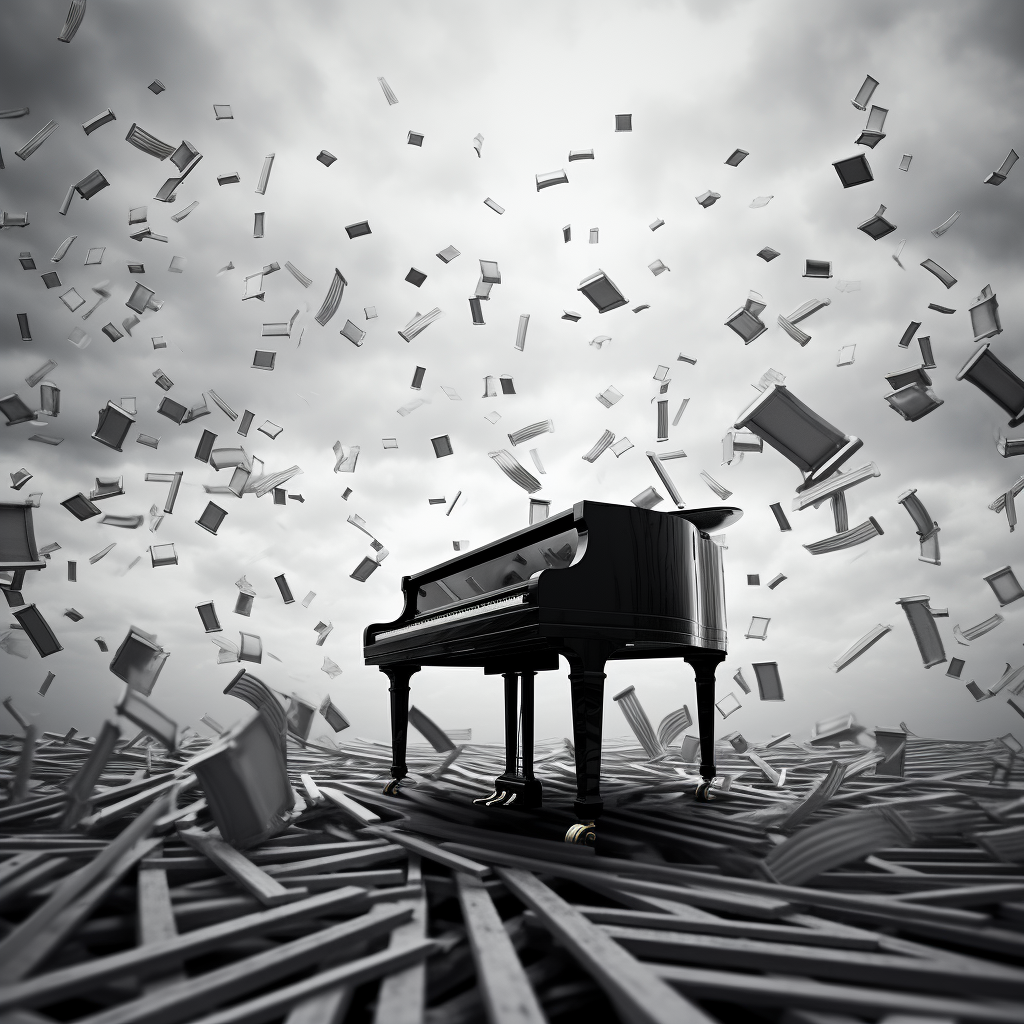 Black and white piano keys flying