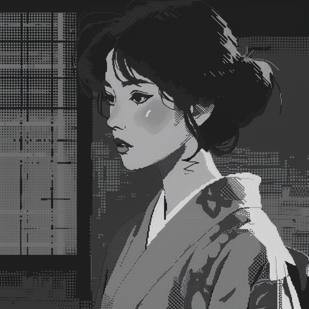 Woman in black white kimono