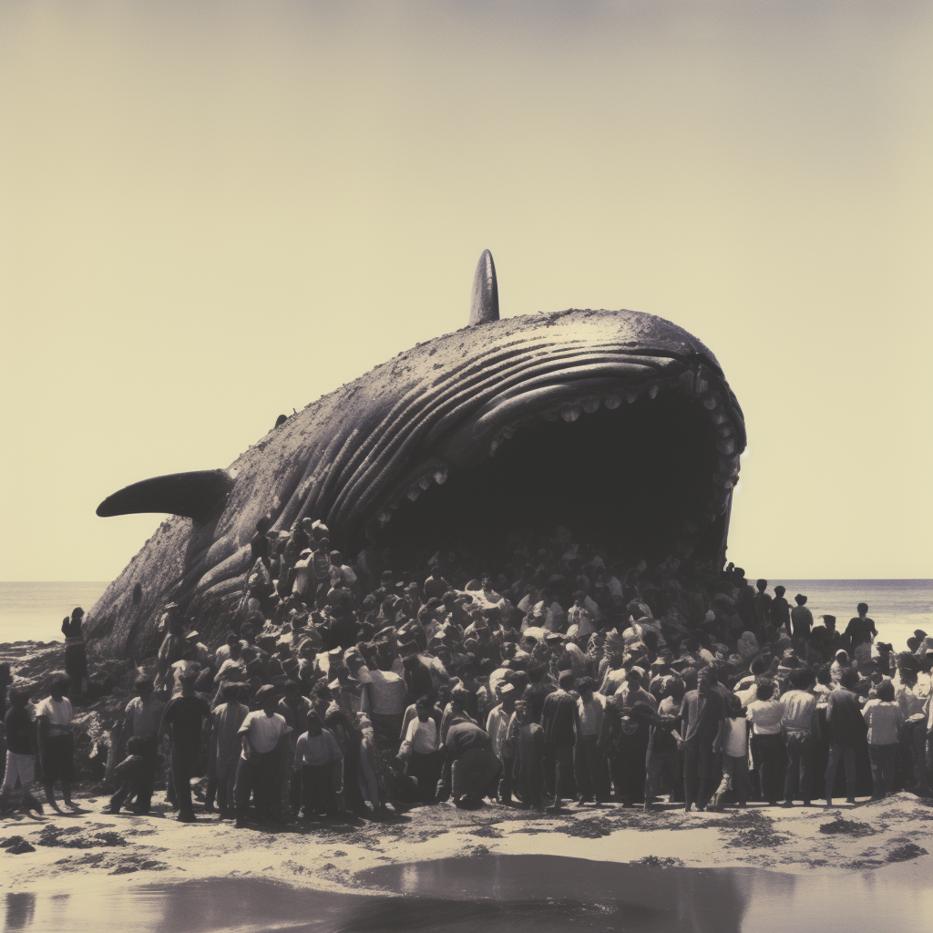 Crowd gathered around beached whale on sunny day