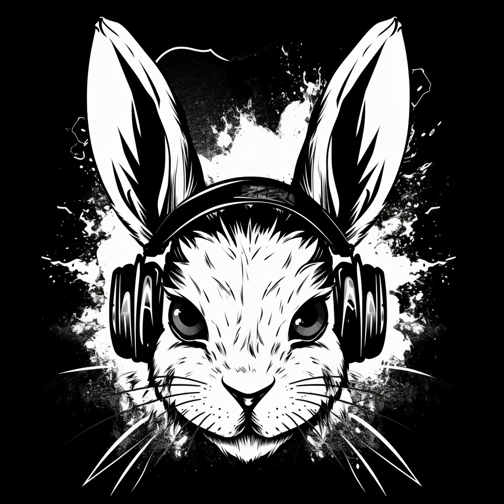 Adorable black and white rabbit with headphones