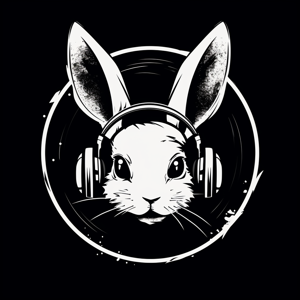 Playful rabbit enjoying music with headphones