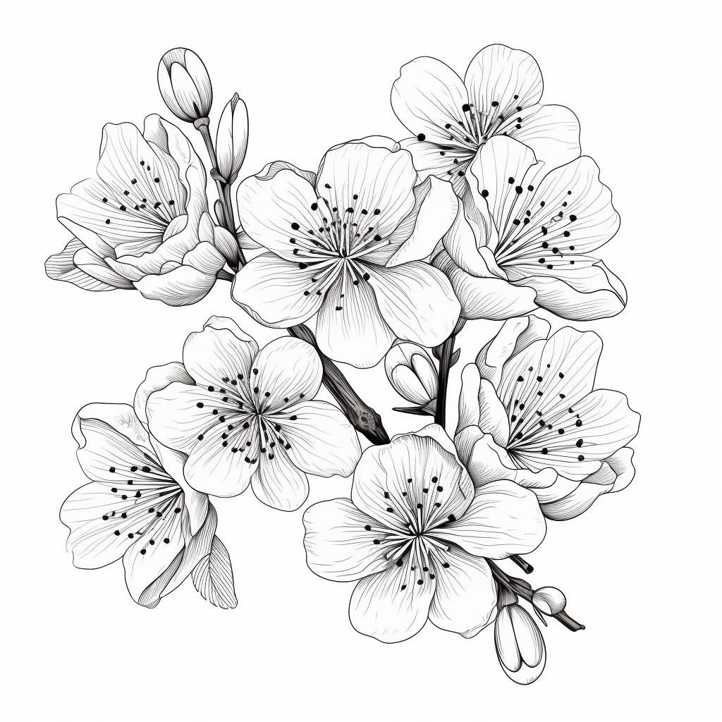 Black and white outline of Sakura flowers