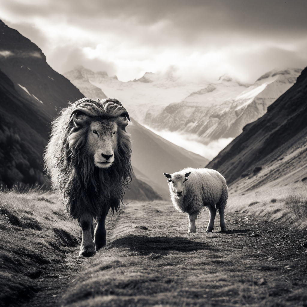 Sheep and Lion in Mountains