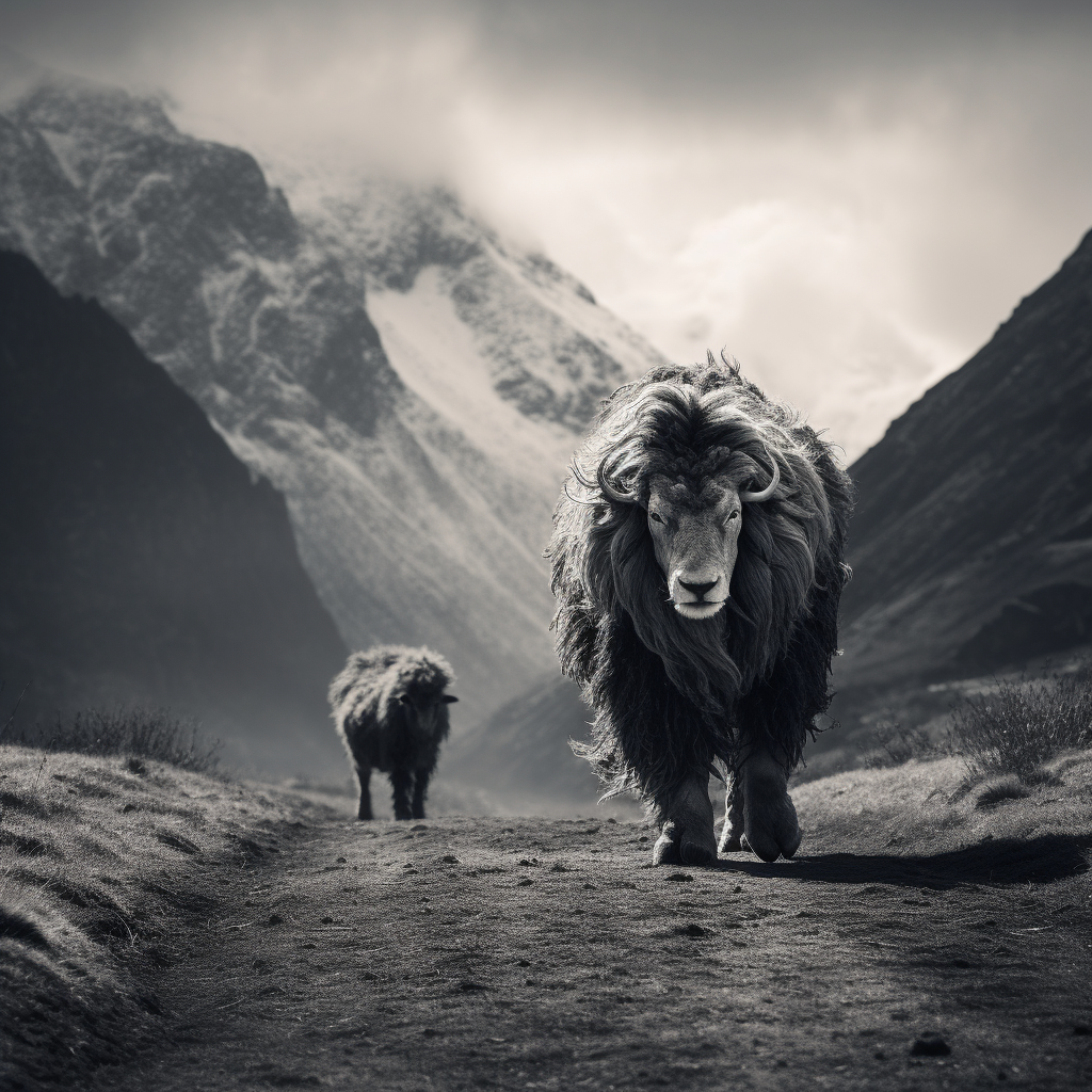 Black and white sheep in mountains