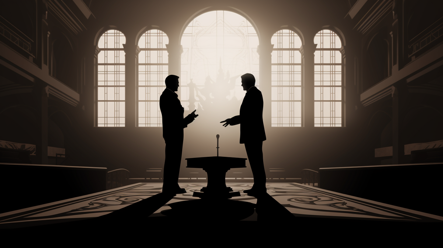 Black and white silhouette of advocates arguing in court